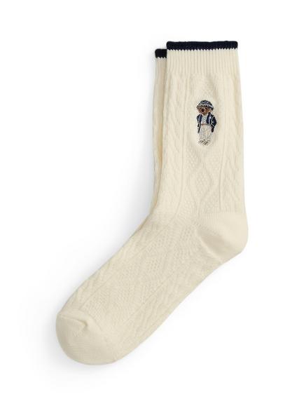 Ralph Lauren Embroidered Bear Cable Knit Crew Socks, Ivory, Ivory