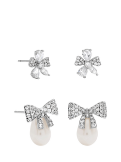 Jon Richard Pearl and Pave Bow Earrings, Set of 2, Silver, Silver
