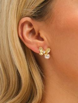 Jon Richard Satin Butterfly and Pearl Drop Earrings, Gold - view 2, Gold
