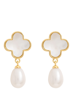 Jon Richard Mother of Pearl Clover and Pearl Drop Earrings, Gold, Gold