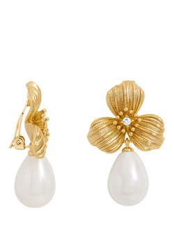 Jon Richard Textured Floral and Pearl Drop Clip-On Earrings, Gold, Gold