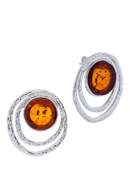 Be-Jewelled Baltic Textured Amber Stud Earrings, Silver/Cognac, Silver/Cognac