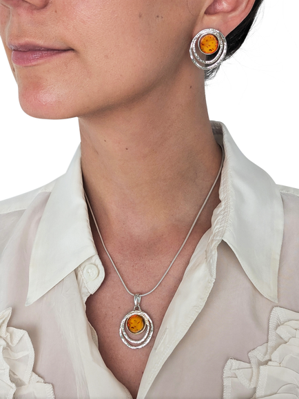 Be-Jewelled Baltic Textured Amber Stud Earrings, Silver/Cognac - view 2, Silver/Cognac