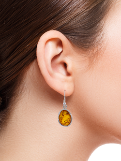 Be-Jewelled Baltic Natural Amber Drop Earrings, Silver/Cognac - view 2, Silver/Cognac