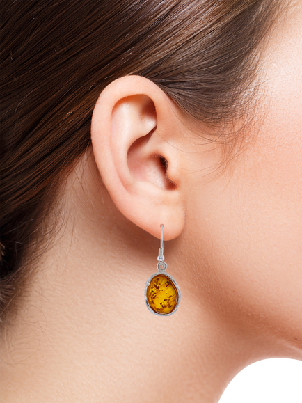 Be-Jewelled Baltic Natural Amber Drop Earrings, Silver/Cognac - view 2, Silver/Cognac