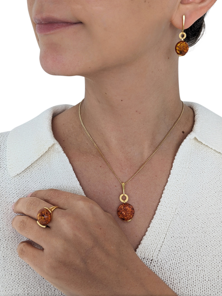 Be-Jewelled Baltic Cognac Amber Pendant Necklace, Gold/Cognac - view 2, Gold/Cognac