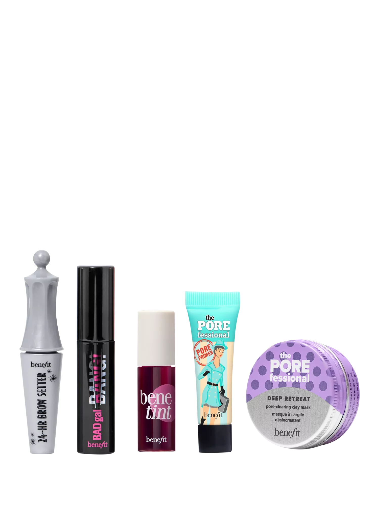 Benefit makeup set with brow gel, mascara, Benetint lip stain, POREfessional primer and deep retreat mask