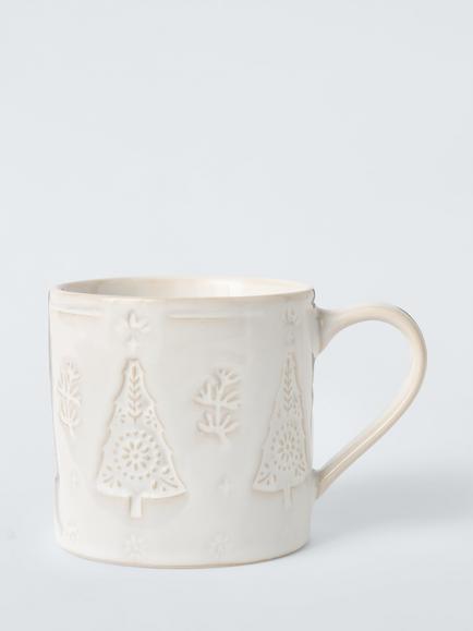 John Lewis Heartland Debossed Christmas Tree Stoneware Mug, 300ml, White, White