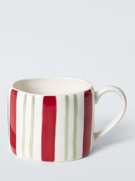 John Lewis Heartland Christmas Hand Painted Stripe Stoneware Mug, 350ml, White/Red, Multi