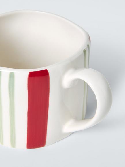 John Lewis Heartland Christmas Hand Painted Stripe Stoneware Mug, 350ml, White/Red - view 2, Multi