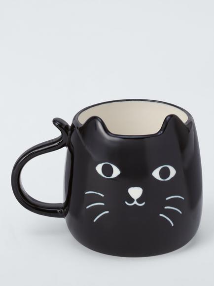 John Lewis Cat Fine China Mug, 310ml, Black, Black