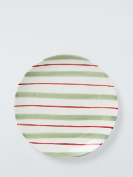 John Lewis Heartland Christmas Hand Painted Stripe Stoneware Side Plate, 20cm, White/Green/Red, Multi