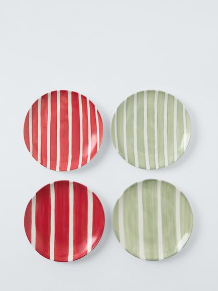 John Lewis Hand Painted Stripe Stoneware Tapas Plates, Set of 4, 16.5cm, Green/Red, Multi