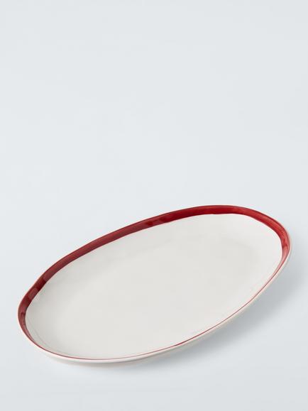 John Lewis Heartland Hand Painted Rim Large Stoneware Platter, 36cm, White/Red, White