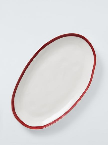 John Lewis Heartland Hand Painted Rim Large Stoneware Platter, 36cm, White/Red - view 2, White