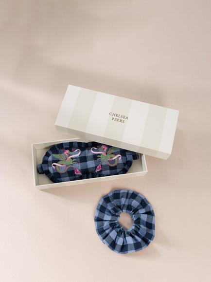 Chelsea Peers GOTS Organic Cotton Gingham Mythical Dragon Print Sleep Mask & Scrunchie Gift Set, Navy, Navy