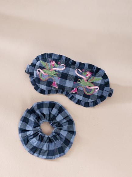Chelsea Peers GOTS Organic Cotton Gingham Mythical Dragon Print Sleep Mask & Scrunchie Gift Set, Navy - view 2, Navy