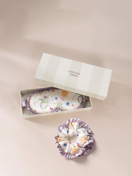 Chelsea Peers Silk Mythical Dragon Print Sleep Mask & Scrunchie Gift Set, Off White, Off White