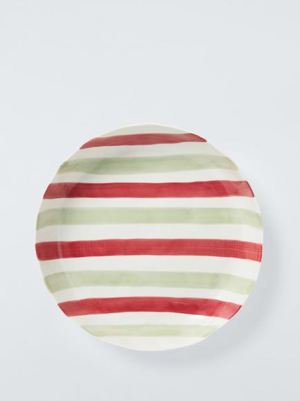 John Lewis Heartland Christmas Hand Painted Stripe Stoneware Serving Bowl, 30cm, White/Red - view 2, Multi