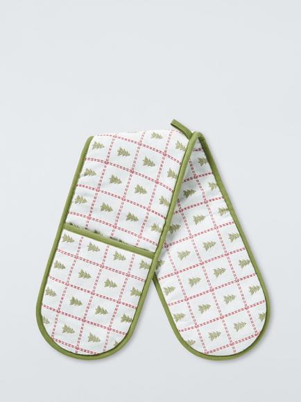 John Lewis Christmas Tree Cotton Double Oven Glove, Off White/Green/Red, Offwhite/Red/Green