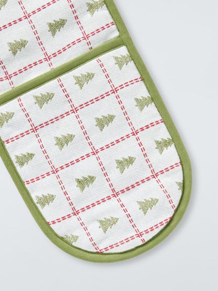 John Lewis Christmas Tree Cotton Double Oven Glove, Off White/Green/Red - view 2, Offwhite/Red/Green