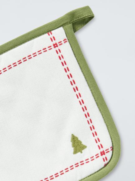 John Lewis Christmas Tree Cotton Pot Holder, Off White/Green/Red - view 2, Offwhite/Red/Green