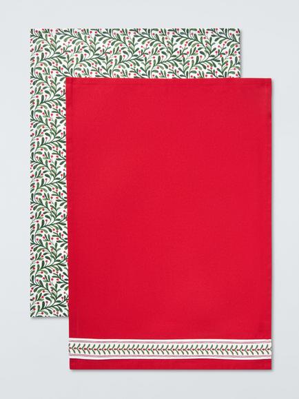 John Lewis Christmas Berry Cotton Tea Towels, Set of 2, Off White/Green/Red, Offwhite/Red/Green