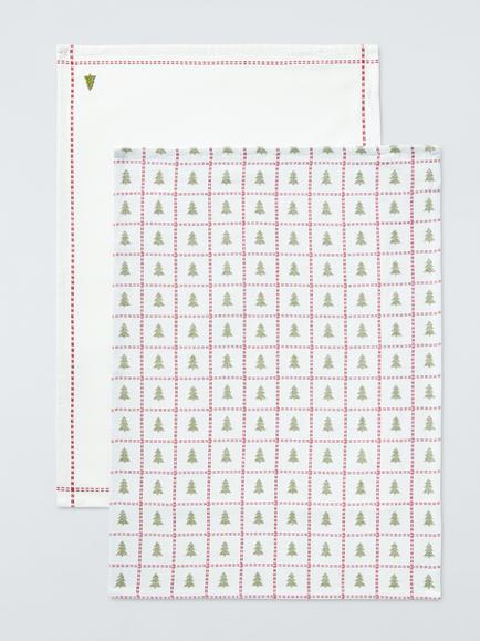 John Lewis Christmas Tree Cotton Tea Towels, Set of 2, Off White/Green/Red, Offwhite/Red/Green