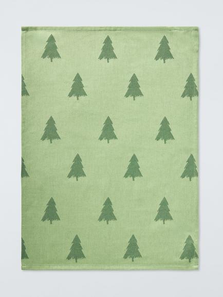 John Lewis Christmas Tree Cotton Tea Towel, Green, Offwhite/Red/Green