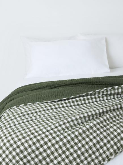 John Lewis Gingham Reversible Quilted Bedspread, Green, Green
