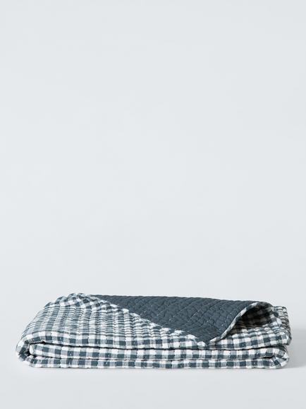 John Lewis Gingham Cotton Bedspread, Blue - view 2, Blue