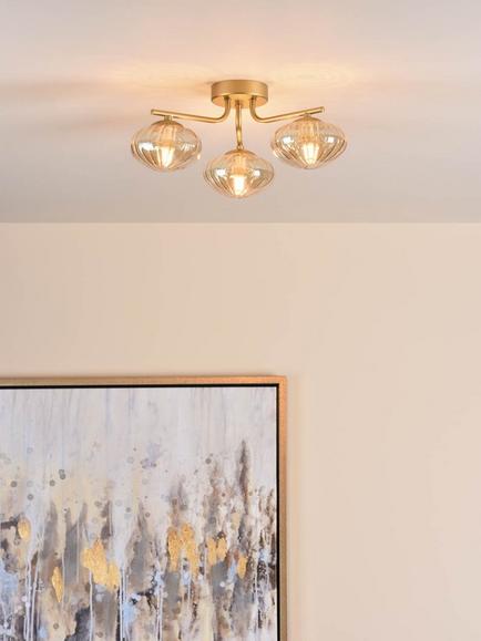 Där Ede 3-Arm Semi Flush Ceiling Light, Gold/Amber - view 2, Gold Gold