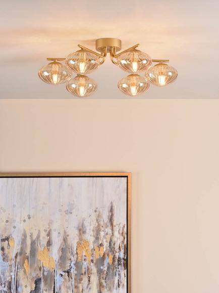 Där Ede 6-Arm Semi Flush Ceiling Light, Gold/Amber - view 2, Gold Gold