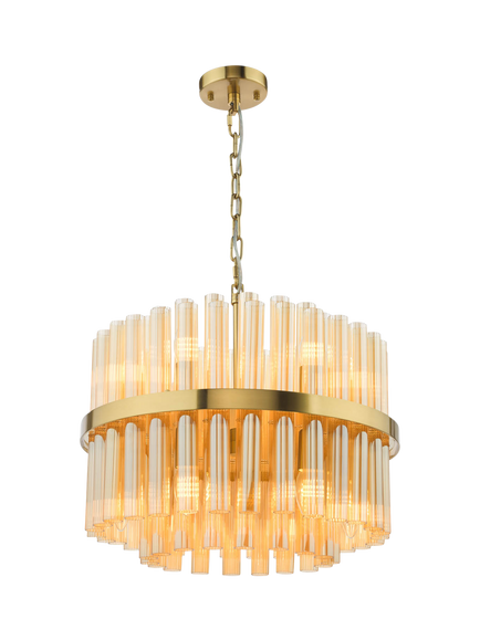 Där Imani 12 Light Ribbed Glass Pendant Ceiling Light, Brass/Amber, Brass