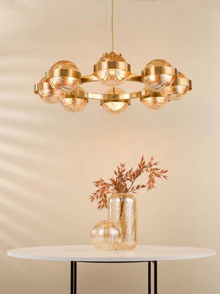 Där Ophira 8 Light Glass Shade Pendant Ceiling Light, Antique Gold/Amber - view 2, Gold Gold