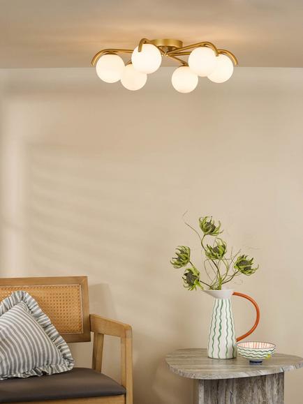 Där Orlena 6 Arm Glass Globe Pendant Flush Ceiling Light, Gold - view 2, Gold Gold