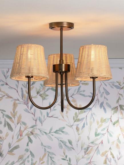 Laura Ashley Hasfield 3 Arm Rattan Semi Flush Ceiling Light, Antique Bronze - view 2, Bronze