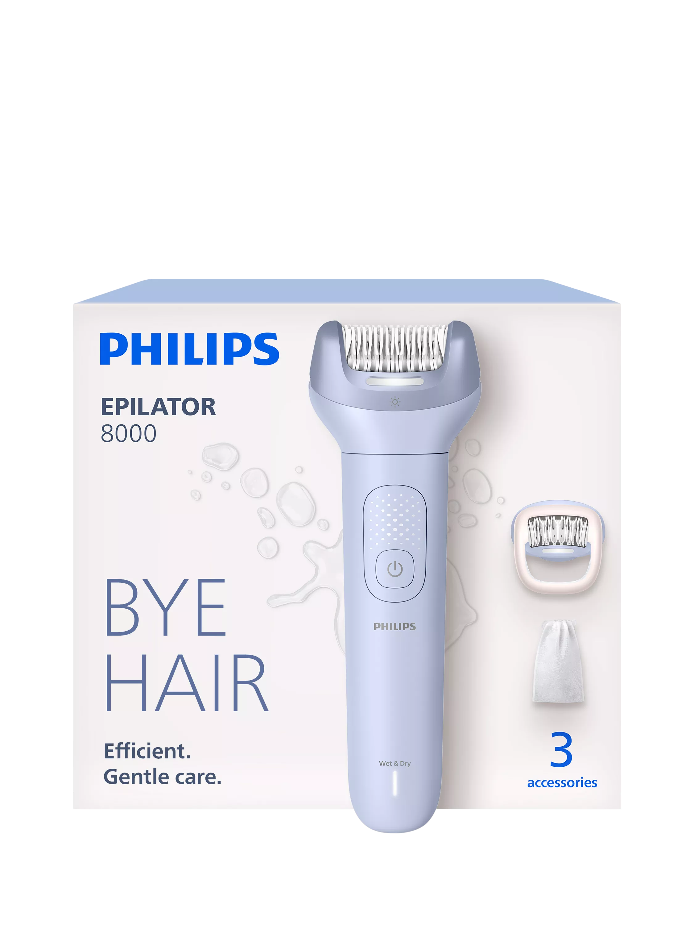 Philips Epilator 8000 Wet & Dry hair removal device with accessories shown on product packaging, front view