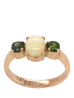 Pre-loved 9ct Rose Gold 3-Stone Opal and Tourmaline Claw Set Ring - view 2, Rose Gold