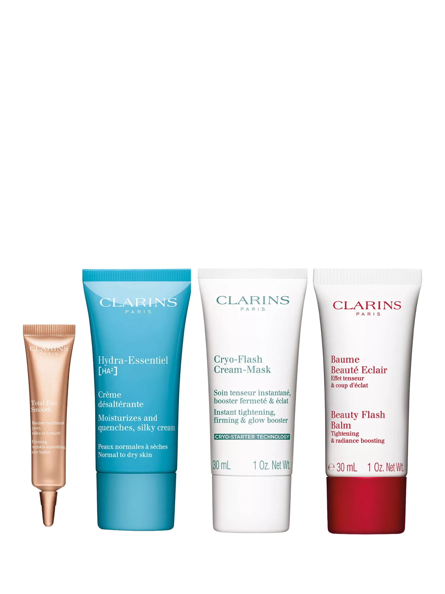 A set of four Clarins skincare products, including creams and masks, arranged on a white background.