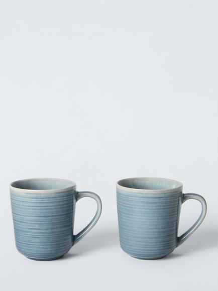 John Lewis Skye Reactive Glaze Stoneware Mugs, Set of 2, 380ml, Light Blue, Blue