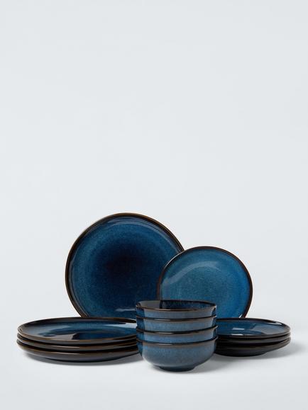 John Lewis Iver Stoneware Dinnerware Set, 12 Piece, Blue, Blue