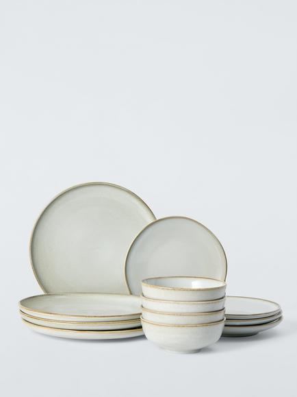 John Lewis Iver Reactive Glaze Stoneware Dinnerware Set, 12 Piece, Moonlight, Natural