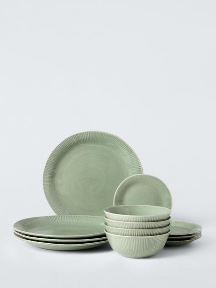 John Lewis Leckford China Dinnerware Set, 12 Piece, Green, Green