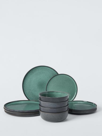 John Lewis Reactive Glaze Stoneware Dinnerware Set, 12 Piece, Green, Green