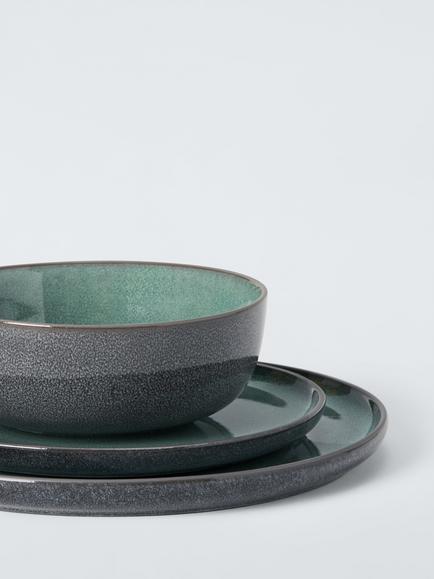 John Lewis Reactive Glaze Stoneware Dinnerware Set, 12 Piece, Green - view 2, Green