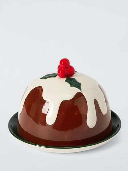 John Lewis Christmas Pudding Dome Stoneware Butter Dish, Multi
