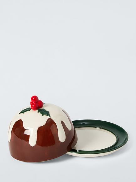 John Lewis Christmas Pudding Dome Stoneware Butter Dish - view 2, Multi