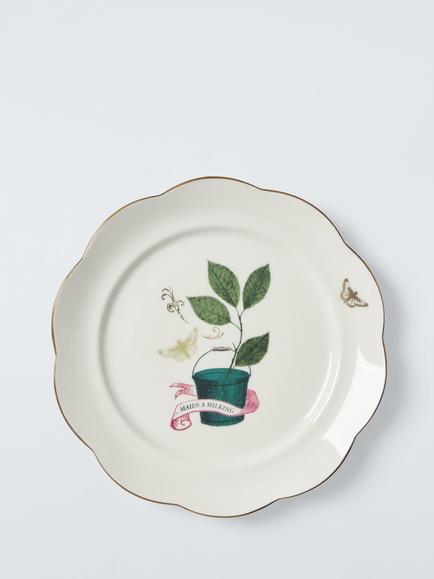John Lewis 12 Days of Christmas 8 Maids a-Milking Fine China Side Plate, 19.6cm, White/Green, Multi