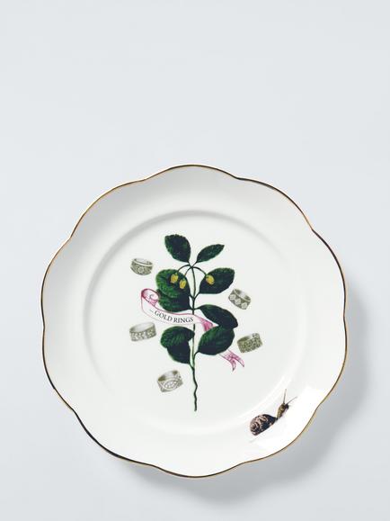 John Lewis 12 Days of Christmas 5 Gold Rings Fine China Side Plate, 19.6cm, White/Green, Multi